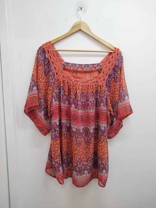 Tunique manches courtes en voile avec dentelle à motifs multicolores Taille XL
