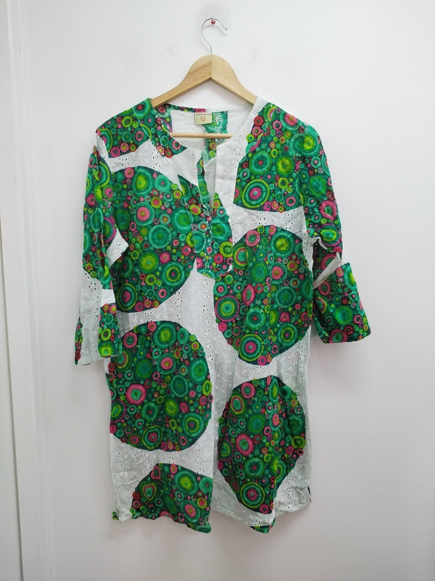 Robe manches 3/4 Indian Emporium verte et blanche fleurie Taille L
