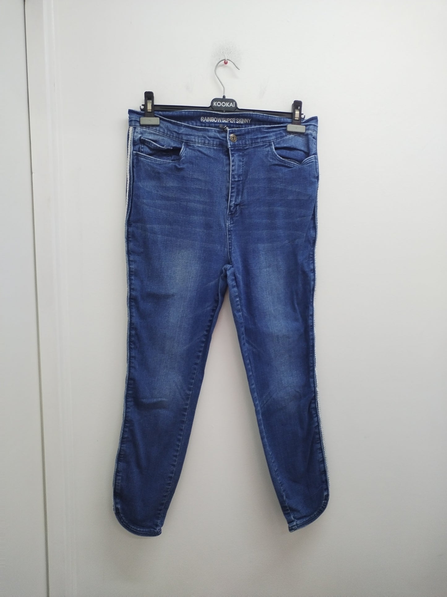 Jeans super skinny Rainbow bleu avec liseré argenté et blanc Taille 44