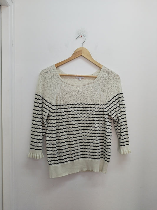 Pull manches 3/4 La Redoute mailles ajourées rayé noir et blanc Taille S