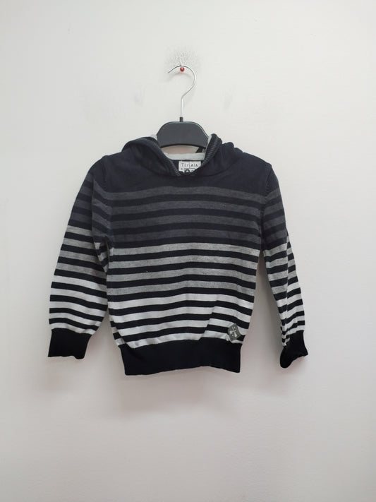 Pull fin à capuche Tissaia rayé noir et gris Taille 5 Ans