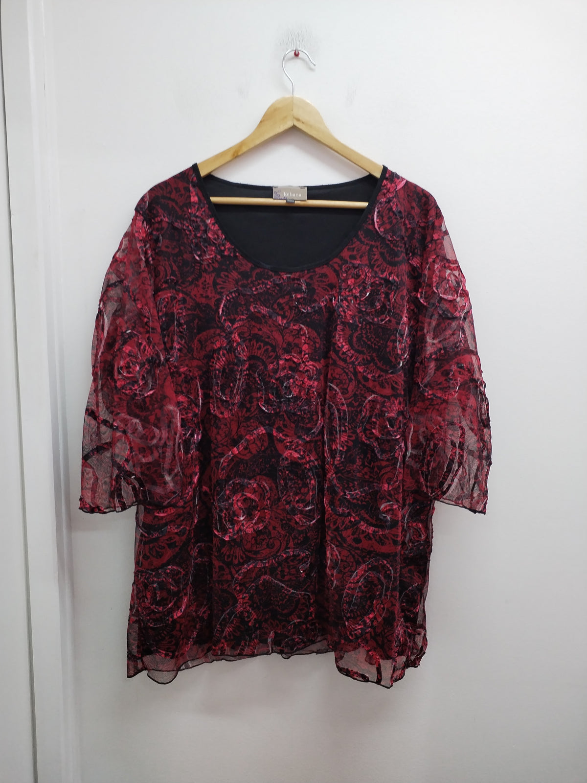 Tunique manches 3/4 Ikebana rouge et noire à motifs Taille 54/56
