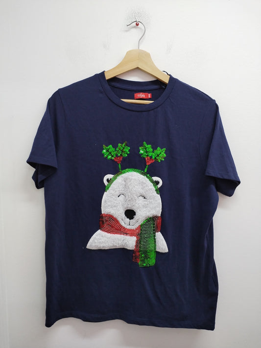 T-shirt de Noël Tissaia marine avec motifs et sequins Taille 46/48