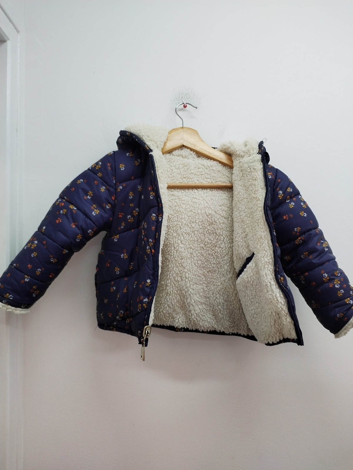 Manteau réversible doublé Lulu Castagnette marine fleuri et beige Taille 4 Ans