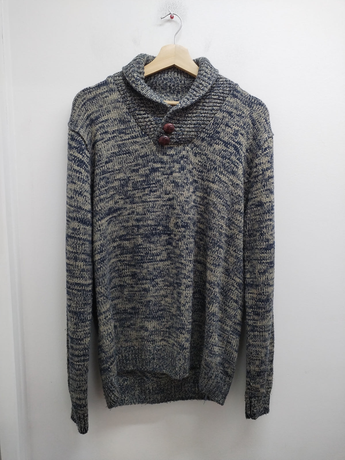 Pull en mailles Tissaia bleu chiné et beige à col châle Taille L