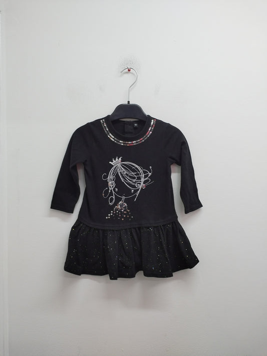 Robe manches longues noire avec impression et sequins Taille 18 Mois