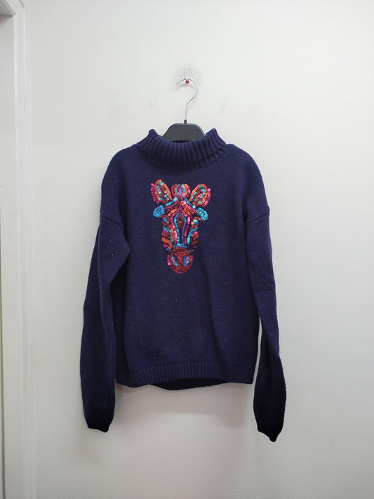 Pull en mailles avec col roulé DPAM marine avec sequins Taille 12 Ans
